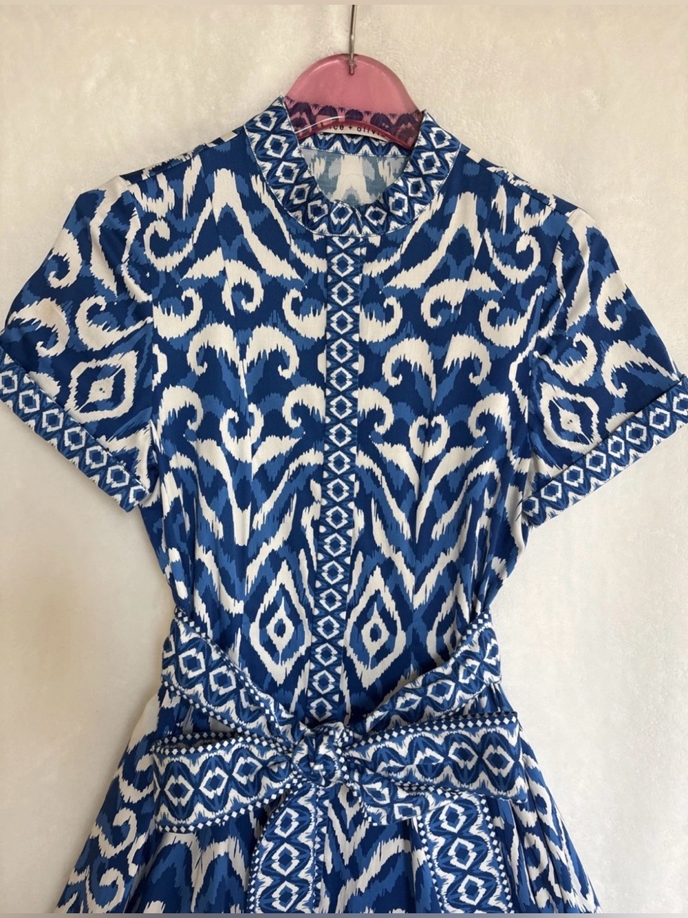 Alice + Olivia Rolled Sleeve Mini Shirt Dress Artisan Ikat French Blue Size 0 - Picture 12 of 16